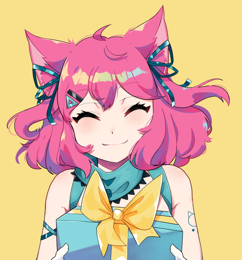 ^_^, absurdres, ahoge, animal_ears, anime_onegai, aqua_ribbon, arm_ribbon, armpit_crease, bow, box, cat_ears, closed_eyes, closed_mouth, commentary_request, eyebrows_visible_through_hair, facing_viewer, gift, gift_box, hair_ornament, hairclip, highres, mascot, medium_hair, neckwear_request, nyami_g, pink_hair, portrait, ribbon, smile, spanish_commentary, suspenders, triangle_hair_ornament, two_side_up, virtual_youtuber, yellow_background, yellow_bow