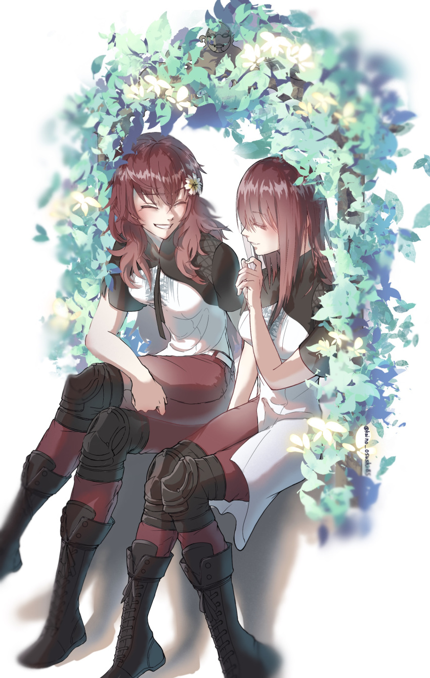 2girls, absurdres, bangs, blush, boots, breasts, closed_eyes, crossed_legs