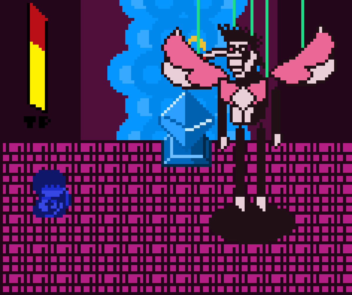 armor, aura, blue_crystal_(module), colored_skin, crystal, deltarune, formal, kris_(deltarune), nyamimi, pixel_art, pixelated, purple_skin, scarf, spamton_g._spamton, spamton_neo, sprite, suit, white_skin