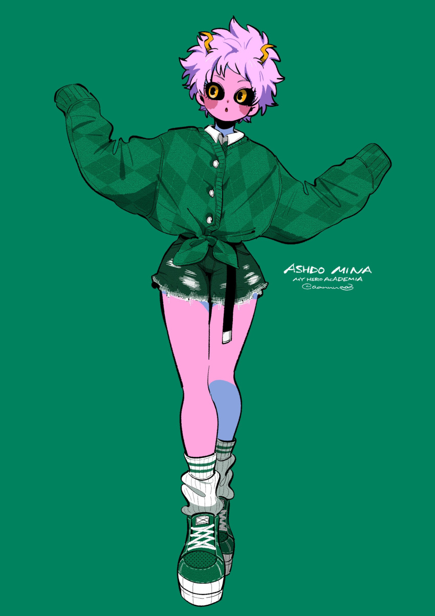 1girl, absurdres, alternate_costume, anna_(aannnaa3), argyle, argyle_cardigan, ashido_mina, bare_legs