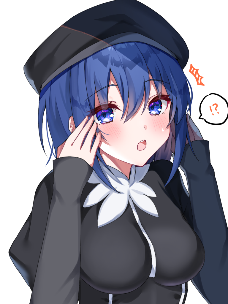 !?, :o, alternate_costume, bangs, black_dress, black_headwear, blue_eyes, blue_hair