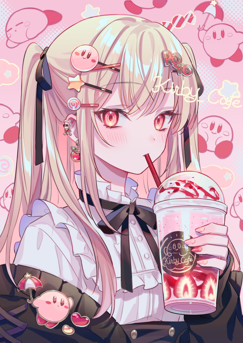 1girl, absurdres, apple_earrings, black_jacket, black_ribbon, blonde_hair, candy, character_hair_ornament, character_pin, character_print, commentary_request, cup, disposable_cup, drink, drinking, drinking_straw, earrings, english_text, eyebrows_visible_through_hair, food, food-themed_earrings, frills, hair_ornament, hairpin, halftone, highres, holding, jacket, jewelry, kirby, kirby_(series), long_hair, long_sleeves, looking_at_viewer, nail_polish, neck_ribbon, personification, piercing, pink_background, pink_nails, pink_theme, red_eyes, red_nails, ribbon, shirt, solo, star_(symbol), star_hair_ornament, star_in_eye, strawberry_slice, symbol_in_eye, two_side_up, whipped_cream, white_shirt, zoff_(daria)