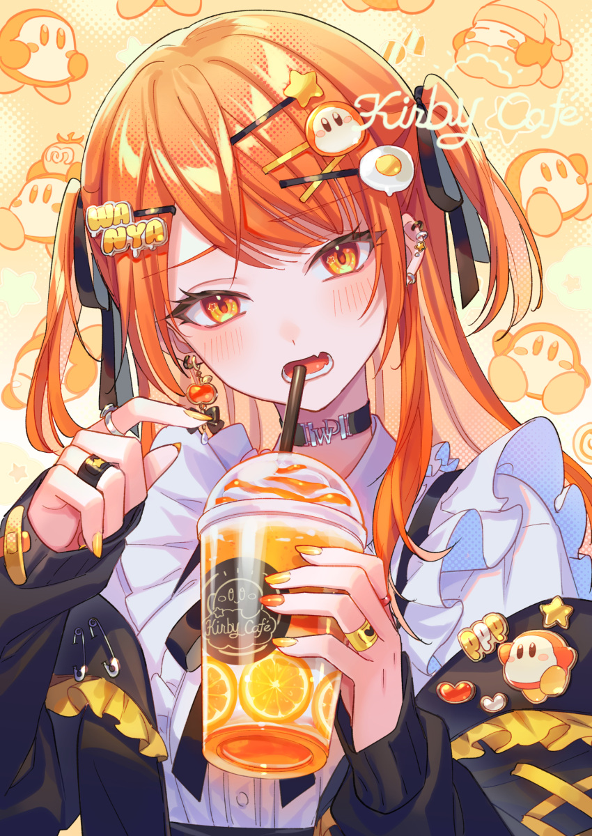 1girl, absurdres, black_jacket, black_ribbon, character_pin, character_print, choker, commentary_request, cup, disposable_cup, drink, drinking_straw, earrings, egg_hair_ornament, english_text, fang, food, food-themed_hair_ornament, frills, fruit, hair_ornament, hair_ribbon, hairpin, halftone, highres, holding, jacket, jewelry, kirby_(series), long_hair, nail_polish, off_shoulder, open_mouth, orange_(fruit), orange_eyes, orange_hair, orange_nails, orange_slice, orange_tail, orange_theme, personification, piercing, ribbon, ring, safety_pin, shirt, shirt_tucked_in, skin_fang, star_(symbol), star_in_eye, symbol_in_eye, two_side_up, upper_body, waddle_dee, whipped_cream, white_shirt, x_hair_ornament, yellow_nails, zoff_(daria)
