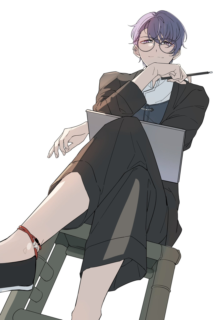1boy, bangs, black_jacket, black_pants, closed_mouth, crossed_legs, formal, highres