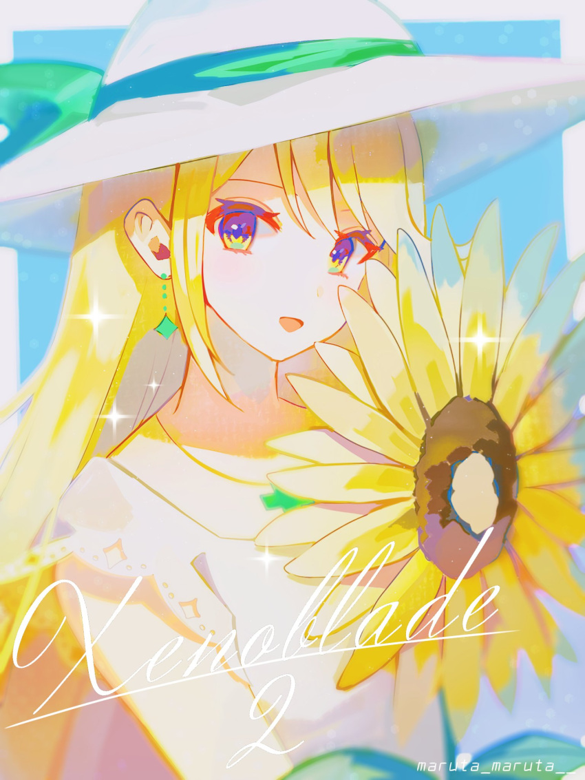 1girl, :d, artist_name, bangs, blonde_hair, blue_background, border, copyright_name