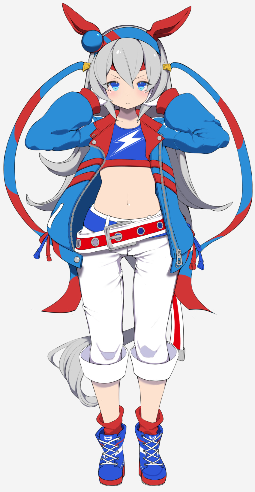 1girl, animal_ears, bangs, belt, belt_buckle, blue_eyes, blue_footwear, blue_jacket, blue_shirt, boots, buckle, closed_mouth, crop_top, frown, full_body, gloves, grey_background, grey_hair, hairband, hands_up, headband, highres, horse_ears, horse_girl, horse_tail, jacket, light_blush, long_hair, long_sleeves, looking_at_viewer, loose_socks, midriff, navel, nerutora, open_clothes, open_jacket, pants, red_legwear, ringed_eyes, shirt, simple_background, socks, solo, tail, tamamo_cross_(umamusume), umamusume, v-shaped_eyebrows, white_gloves, white_pants