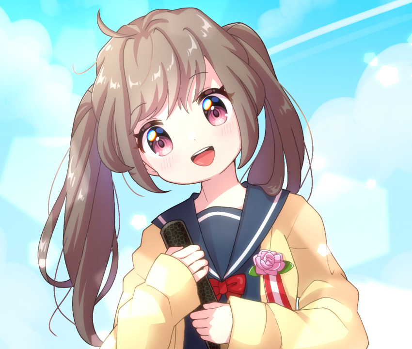 1girl, :d, ahoge, bangs, blush, bow, bowtie, brooch