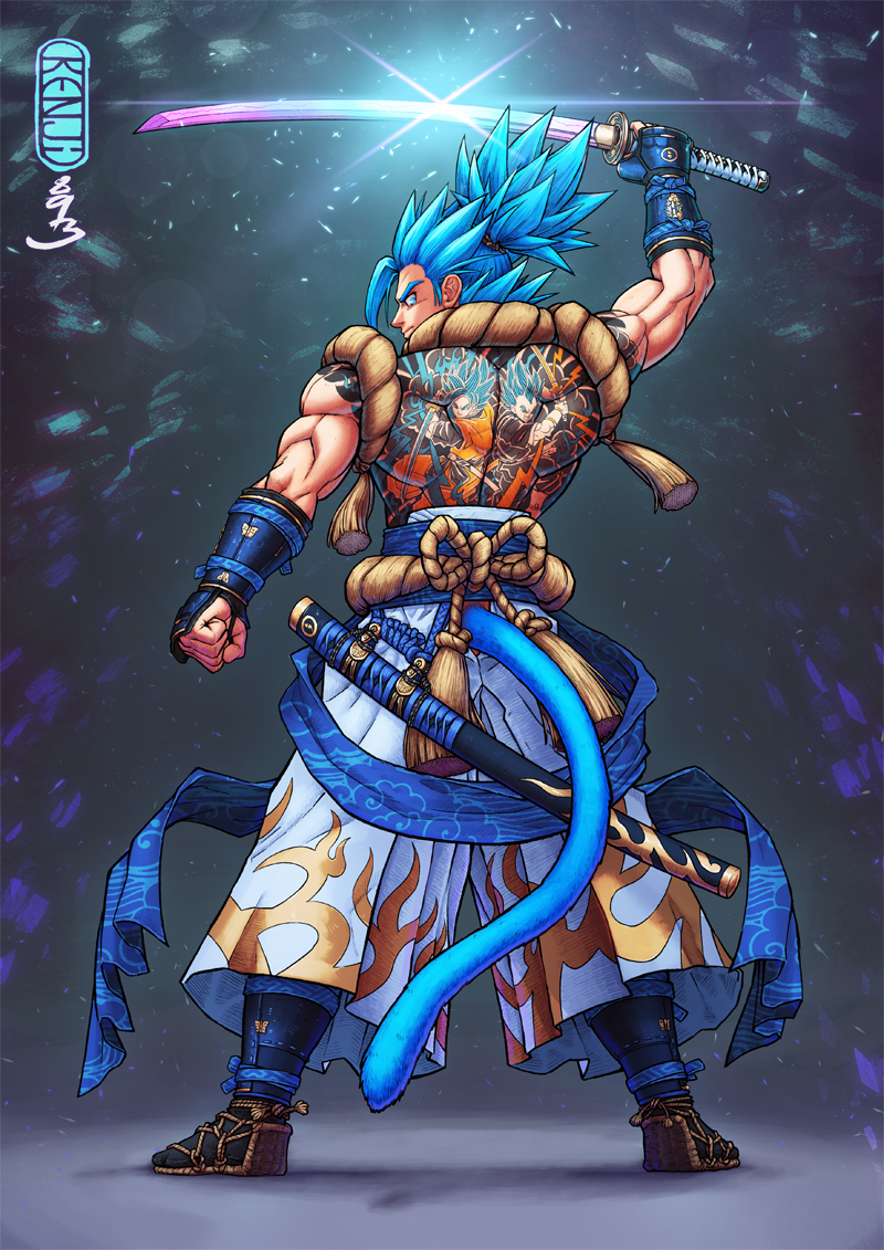 1boy, adapted_costume, aqua_eyes, arm_up, armor, back_tattoo, blue_fur, blue_hair, blue_sash, character_tattoo, clenched_hand, commentary, dragon_ball, english_commentary, from_behind, full_body, glowing, gogeta, guillem_dauden, high_ponytail, holding, holding_sword, holding_weapon, japanese_clothes, katana, knot, looking_back, male_focus, monkey_tail, muscular, muscular_male, pants, ponytail, rope, sandals, sash, sheath, shiny, signature, solo, son_goku, spiky_hair, standing, super_saiyan, super_saiyan_blue, sword, tail, tattoo, topless_male, vambraces, vegeta, weapon