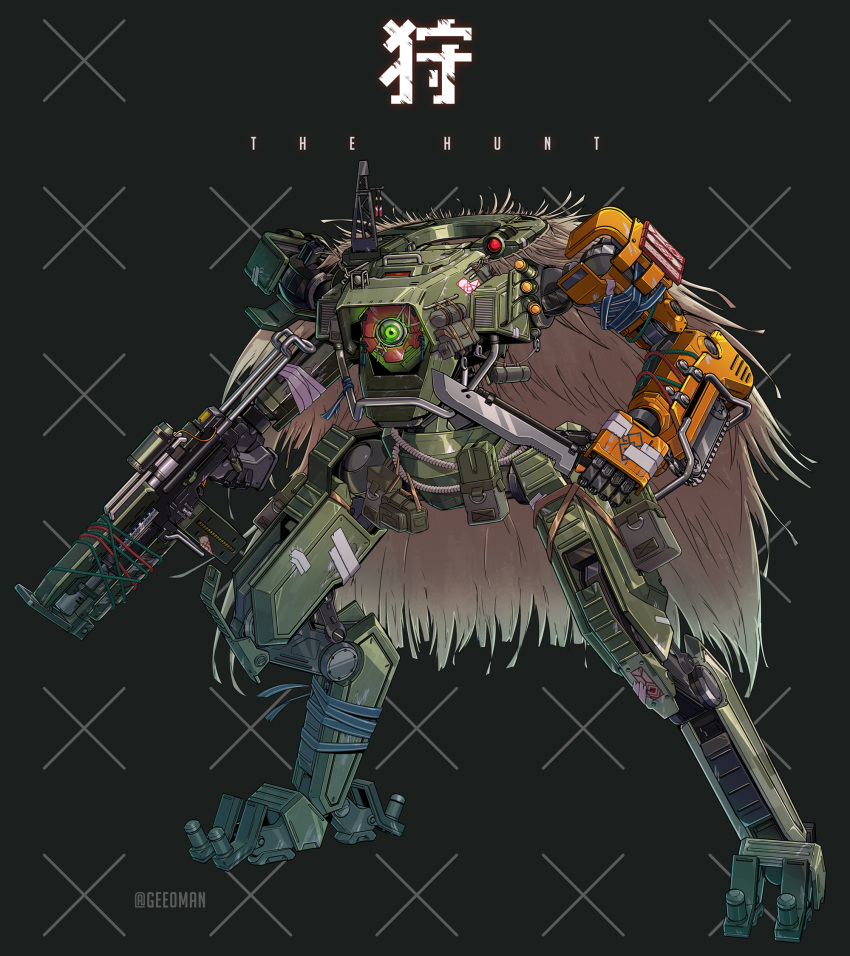 black_background, chainsaw, english_commentary, glowing, glowing_eye, green_eyes, gun, highres