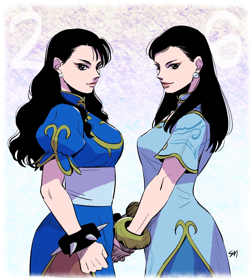 2girls, alternate_hairstyle, black_hair, bracelet, chinese_clothes, chun-li, dual_persona, earrings