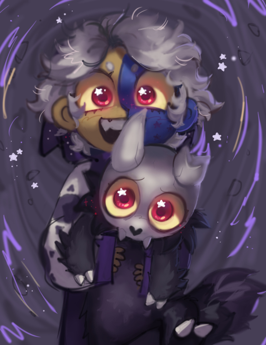 +_+, 1other, 2boys, black_fur, blue_skin, broken_horn, claws, colored_skin