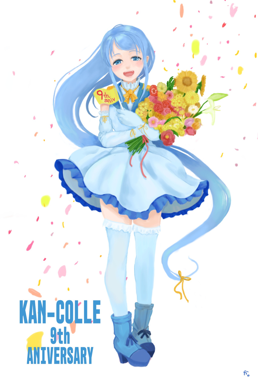 absurdres, anniversary, blue_dress, blue_eyes, blue_hair, blue_legwear, boots, bouquet, copyright_name, count0x00, dress, elbow_gloves, flower, gloves, highres, kantai_collection, long_hair, samidare_(kancolle), smile, thigh-highs, very_long_hair