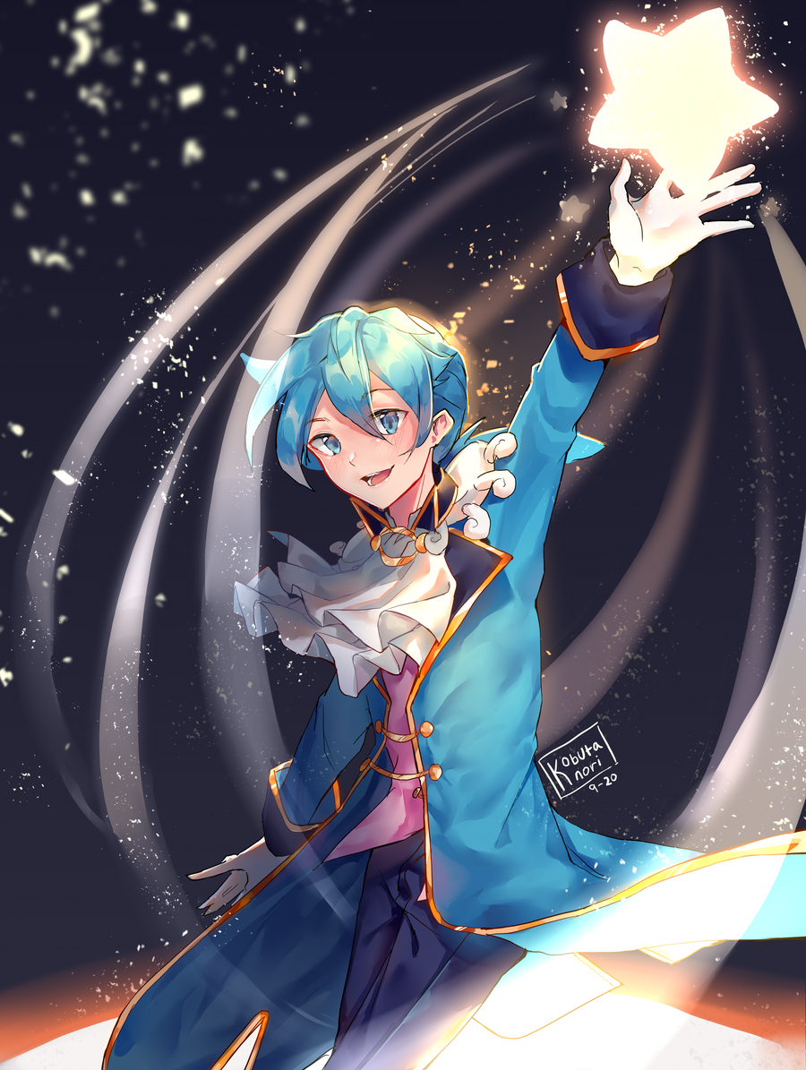 1boy, :d, arm_up, artist_name, bangs, blue_eyes, blue_hair, blue_jacket