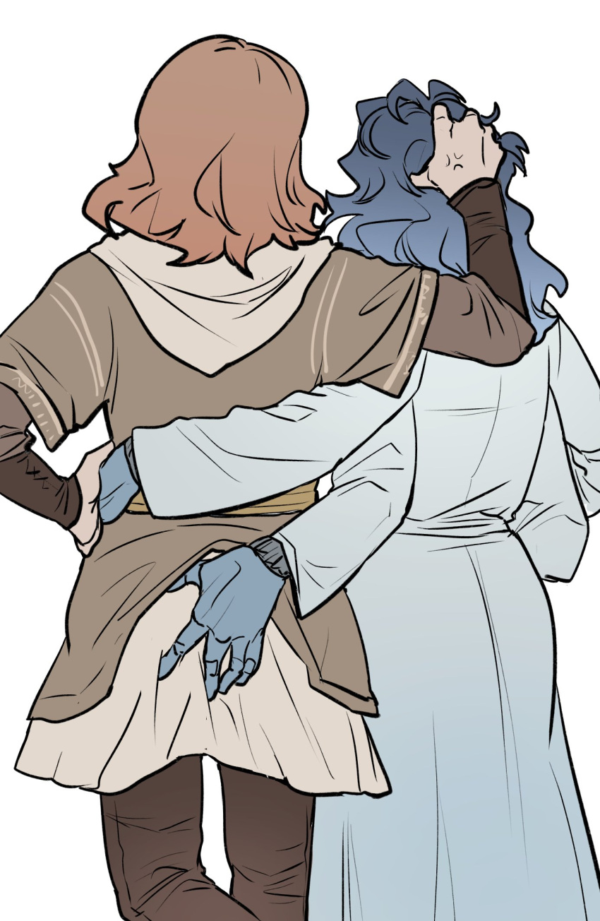 2girls, anger_vein, arm_around_waist, ass_grab, blue_hair, blue_skin, boned-woo, brown_hair