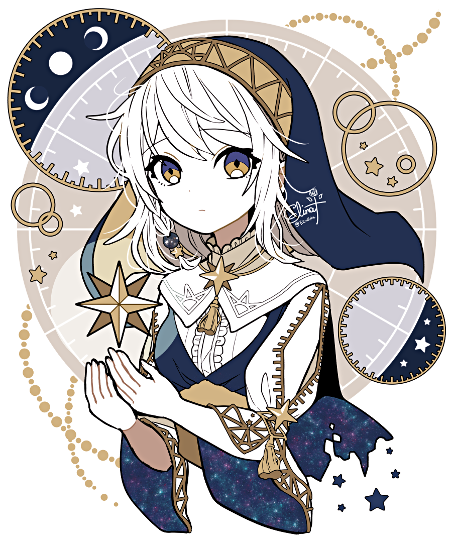1girl, bangs, commentary_request, cropped_torso, habit, hands_up, leaning_forward, limited_palette, looking_at_viewer, murasaki_daidai_etsuo, nun, original, short_hair, sidelocks, signature, simple_background, solo, star_(symbol), star_print, tagme, white_background, white_hair, yellow_eyes