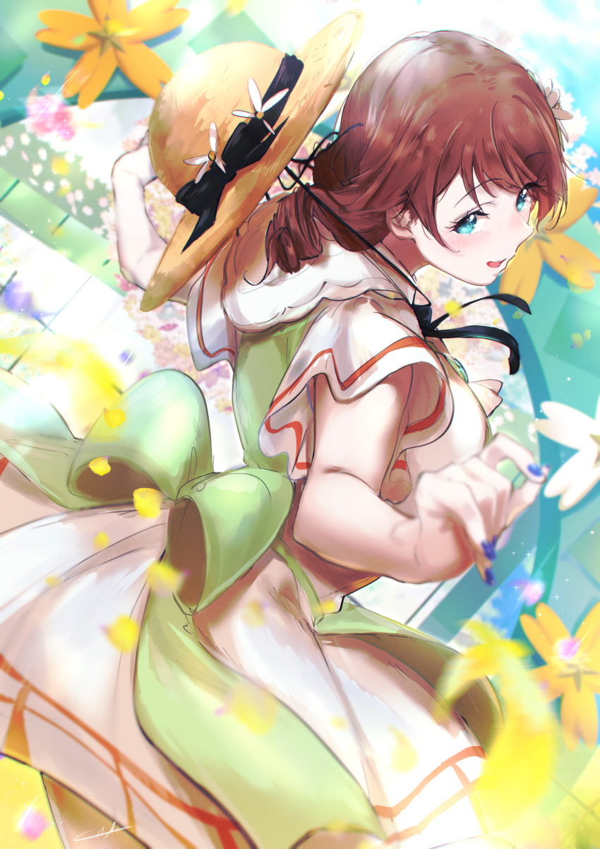 1girl, aqua_eyes, black_ribbon, blue_nails, brown_hair, dress, drill_hair, emma_verde