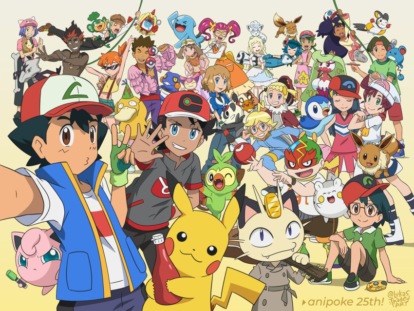 angry, ash_ketchum, backwards_hat, bonnie_(pokemon), brock_(pokemon), eevee, goh_(pokemon), happy, hat, highres, iris_(pokemon), james_(pokemon), jessie_(pokemon), jigglypuff, ketchup, ketchup_bottle, kiawe_(pokemon), lana_(pokemon), lillie_(pokemon), looking_at_viewer, lukas_thadeu, mallow_(pokemon), maxie_(pokemon), may_(pokemon), meowth, misty_(pokemon), multiple_boys, multiple_girls, pikachu, pokemon, pokemon_(anime), pokemon_(creature), pokemon_(game), pokemon_bw, pokemon_sm, pokemon_xy, psyduck, serena_(pokemon), smile, togedemaru, tracey_sketchit, wobbuffet