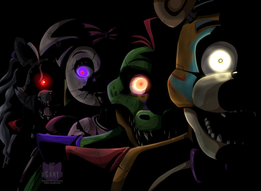 2boys, 2girls, artist_logo, artist_name, breaking, chica, dark, fangs