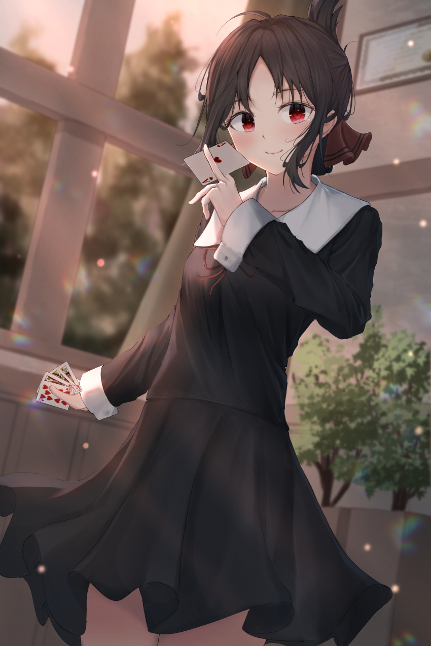 1girl, absurdres, ace_of_hearts, between_fingers, black_dress, black_hair, blush, card