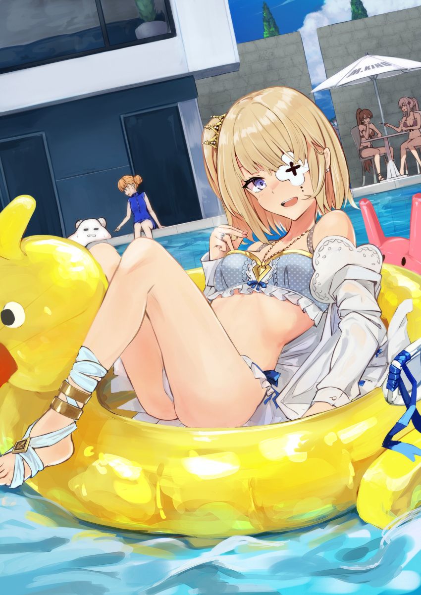 4girls, azur_lane, bikini, blonde_hair, blue_eyes, crown_hair_ornament, dunkerque_(azur_lane), dunkerque_(summer_sucre)_(azur_lane)