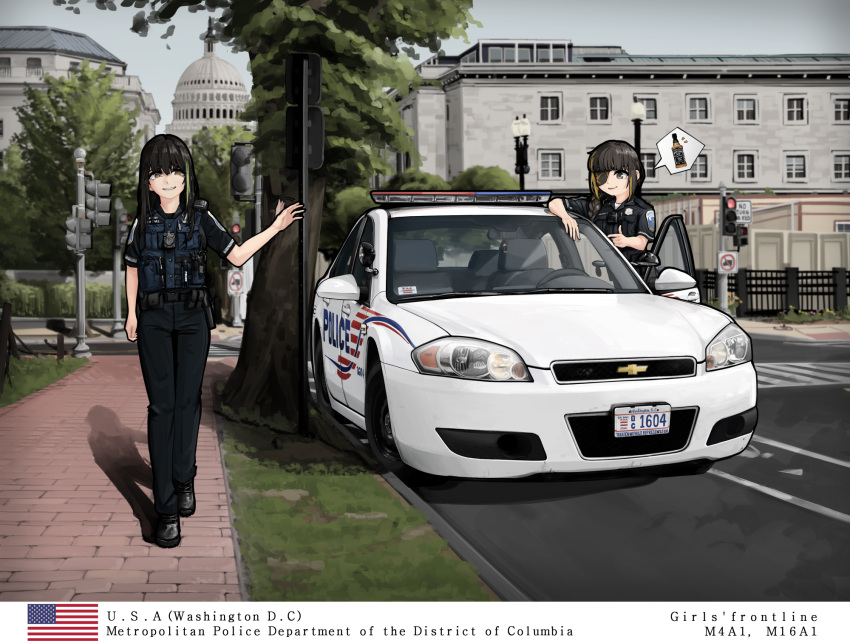 2girls, america, belt, black_eyes, black_footwear, black_hair, black_pants, black_shirt