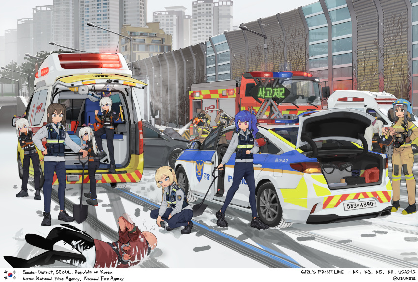 1boy, 6+girls, absurdres, ambulance, bald, black_footwear, black_pants, black_shirt