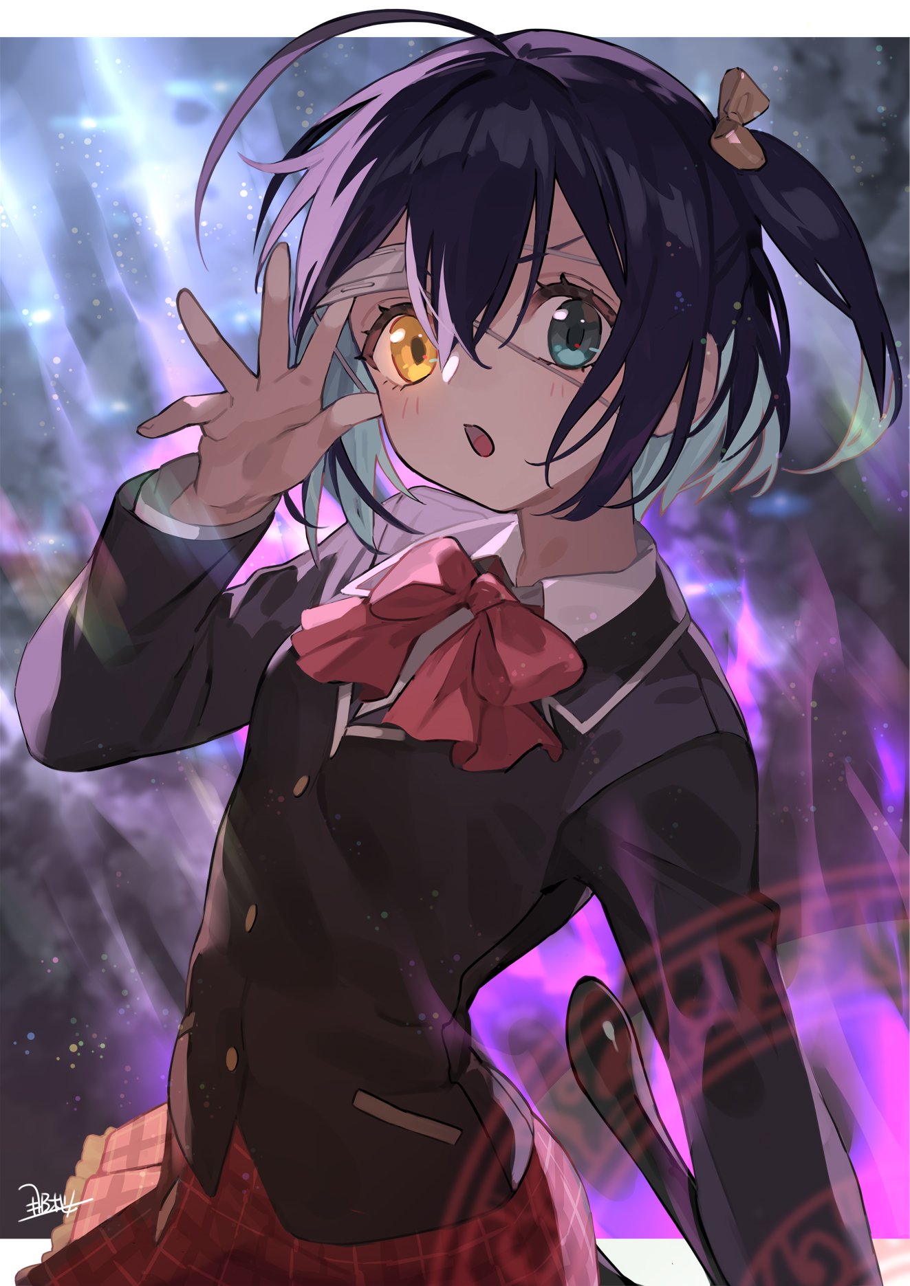 1girl, :o, ahoge, blue_eyes, chuunibyou_demo_koi_ga_shitai!, commentary_request, eyepatch, hair_ribbon, heterochromia, highres, icho_private_high_school_uniform, jacket, looking_at_viewer, medical_eyepatch, nao_(syn_eaa), one_side_up, open_mouth, ribbon, school_uniform, short_hair, solo, takanashi_rikka, yellow_eyes