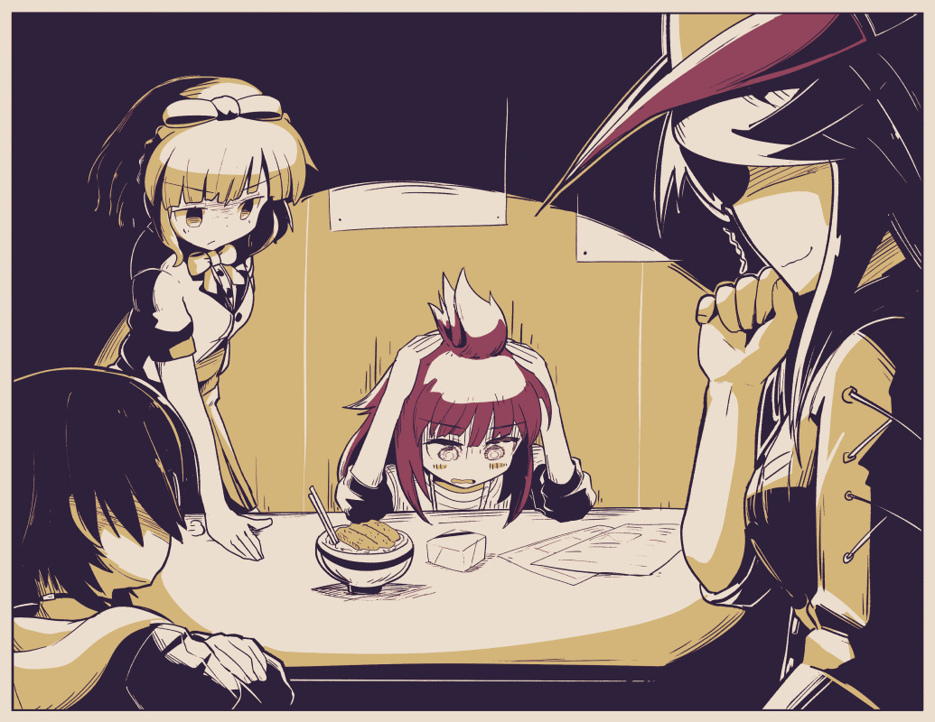 4girls, alice_gear_aegis, blonde_hair, blush, bowl, chopsticks, commentary_request, cowboy_hat