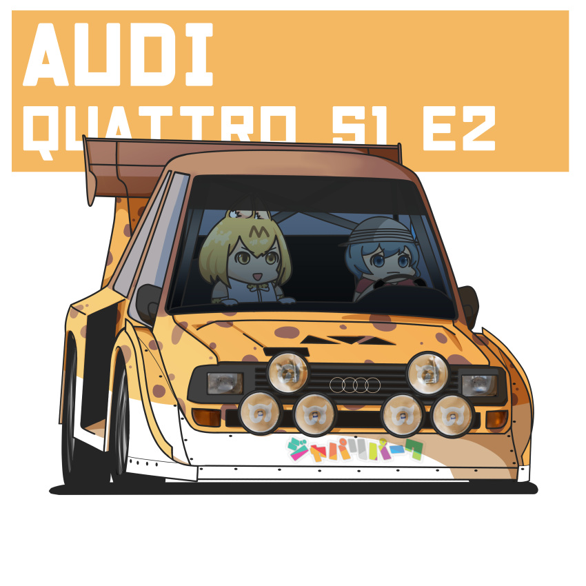 2girls, absurdres, audi, car, chibi, driving, ground_vehicle, happy
