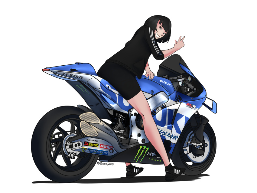 1girl, adidas, bob_cut, from_behind, ground_vehicle, highres, jacket, looking_at_viewer