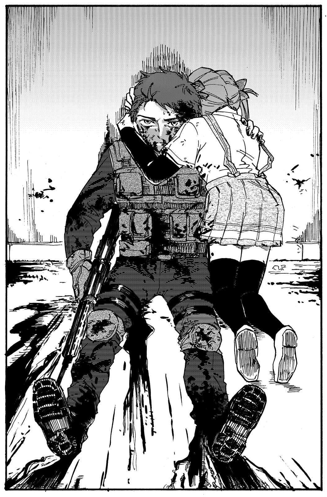 1boy, 1girl, asagumo_(kancolle), ascot, blood, blood_on_arm, blood_on_clothes, blood_on_face