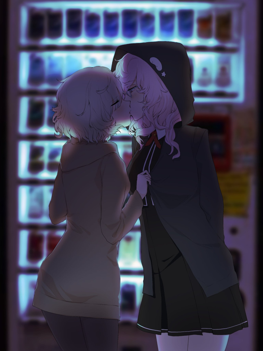 2girls, arms_behind_back, backlighting, bangs, black_dress, blurry, blurry_background, blush
