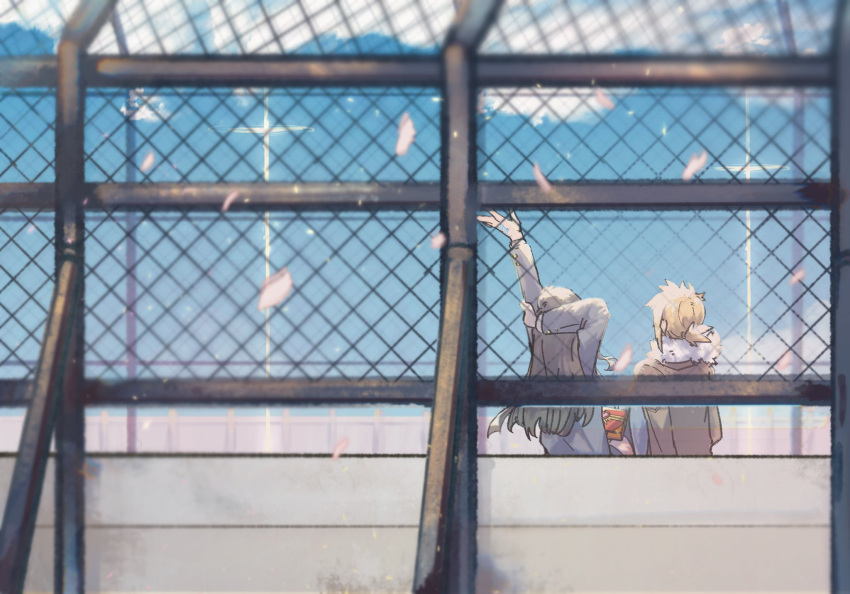 1boy, 1girl, arc_(housamo), black_hair, blonde_hair, blue_sky, cherry_blossoms, fence