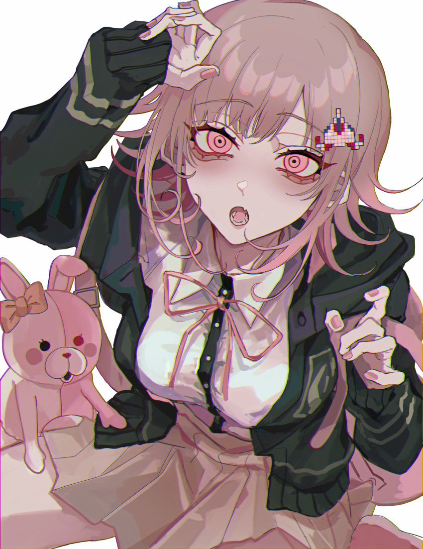 1girl, bangs, breasts, brown_skirt, collared_shirt, danganronpa_(series), danganronpa_2:_goodbye_despair, eyebrows_visible_through_hair