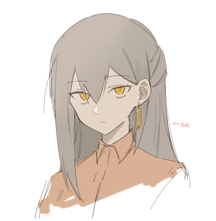 1girl, alternate_hairstyle, blonde_hair, earrings, expressionless, grey_hair, hair_between_eyes, highres
