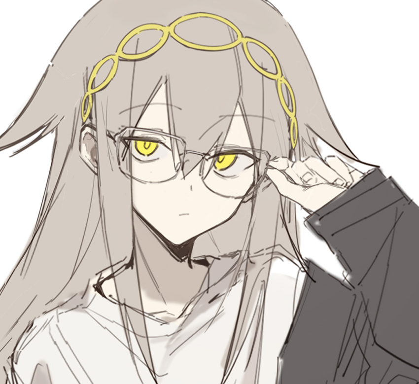 1girl, expressionless, glasses, grey_hair, hairband, hand_up, kureha_yuna, long_hair, looking_at_viewer, magia_record:_mahou_shoujo_madoka_magica_gaiden, mahou_shoujo_madoka_magica, sketch, solo, white_background, wuubaiwan, yellow_eyes