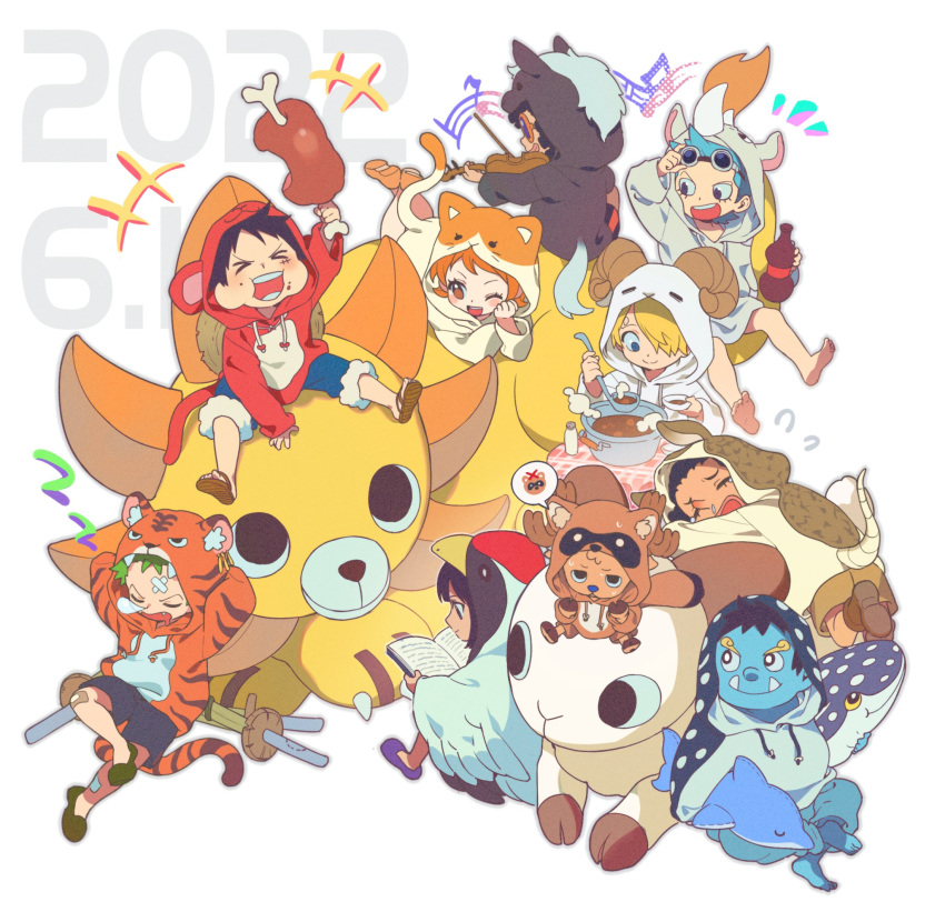 animal_hood, bird_hood, brook, cat_hood, child, cooking, eating, franky, goat_hood, going_merry, highres, hood, hoodie, horse_hood, instrument, jinbe_(one_piece), monkey_d._luffy, music, nami_(one_piece), nico_robin, one_piece, playing, playing_instrument, qin_(7833198), raccoon_hood, reading, roronoa_zoro, sanji, shark_hood, sleeping, straw_hat_pirates, stuffed_animal, stuffed_toy, thousand_sunny, tiger_hood, tony_tony_chopper, usopp