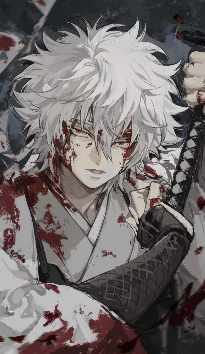 1boy, armor, blood, blood_on_face, fighting, gintama, highres, holding