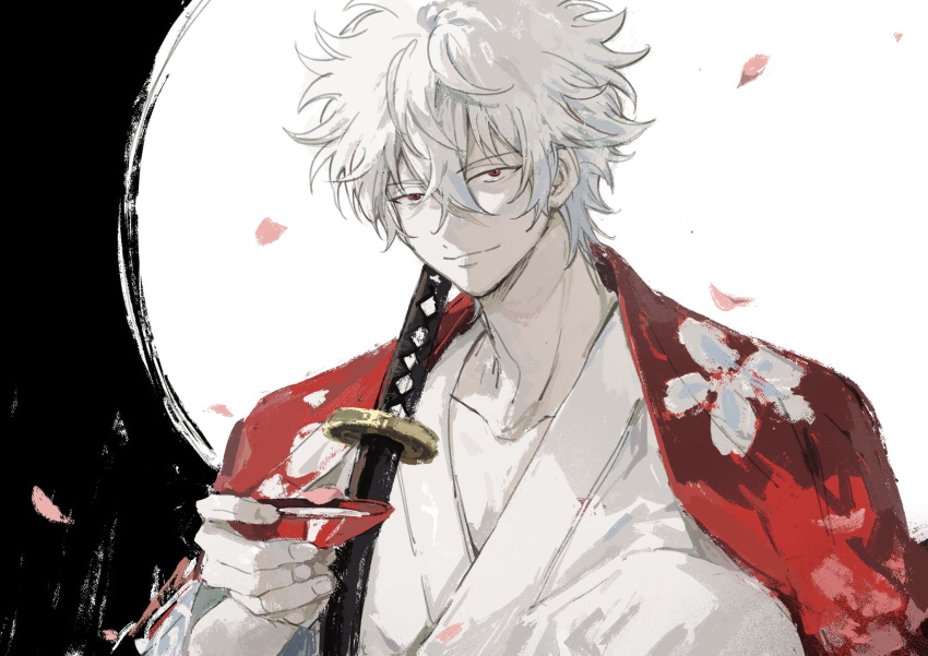 1boy, choko_(cup), cup, falling_petals, gintama, highres, holding, japanese_clothes