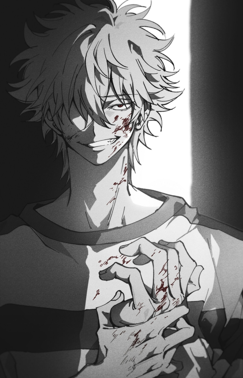1boy, blood, blood_on_face, blood_on_hands, gintama, grin, hand_up, highres