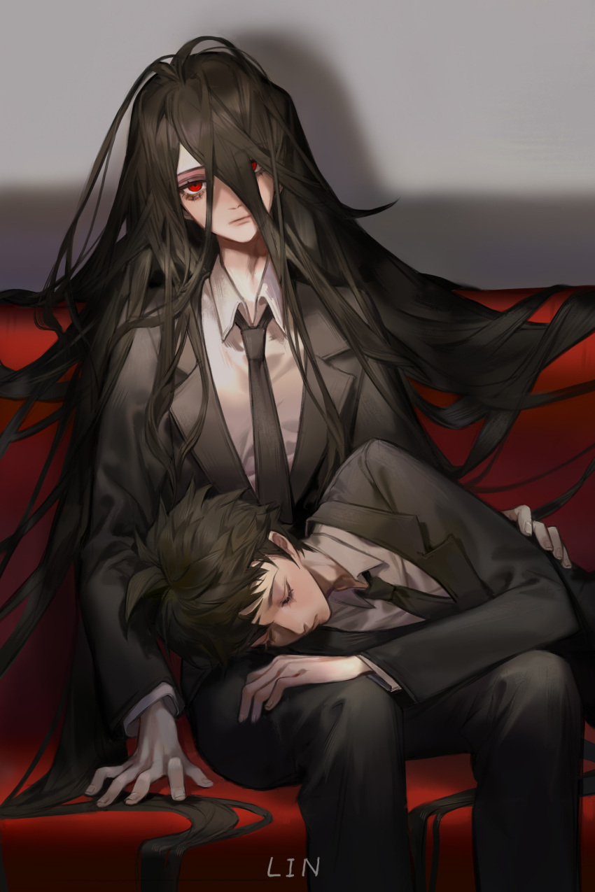 2boys, absurdres, artist_name, bangs, black_jacket, black_necktie, black_pants, brown_hair