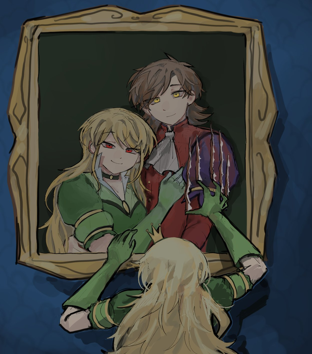 1boy, 1girl, a_hat_in_time, blonde_hair, brown_hair, couple, crown, gloves, gompang1125, highres, long_hair, photo_(medium), prince_(a_hat_in_time), queen_vanessa, red_eyes, short_hair, smile, yellow_eyes