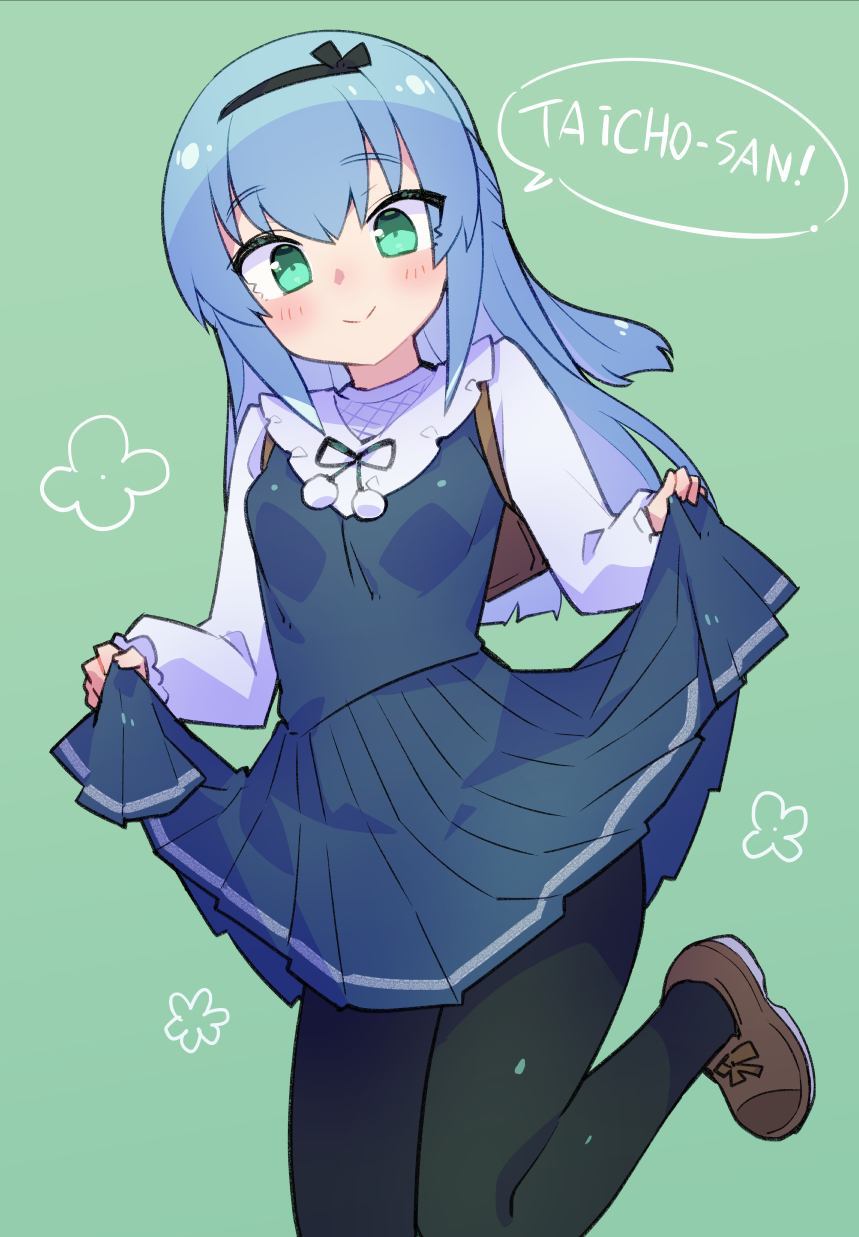 1girl, alice_gear_aegis, black_headband, black_legwear, blue_dress, blue_hair, clothes_lift, commentary