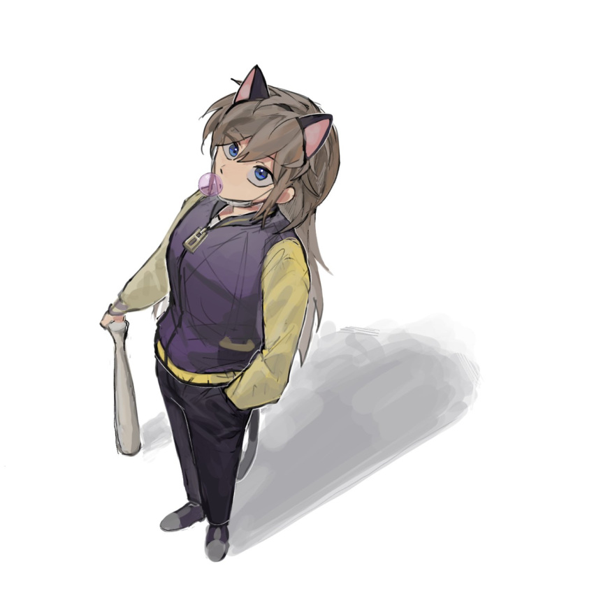 a_hat_in_time, baseball_bat, black_footwear, black_pants, blue_eyes, blue_jacket, brown_hair, cat_ear_hairband