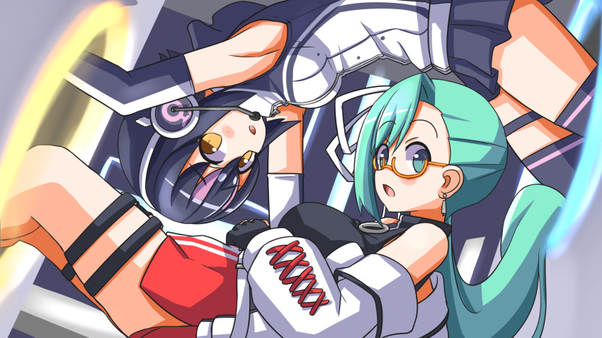 .live, 2girls, animal_costume, black_gloves, black_hair, elbow_gloves, glasses, gloves