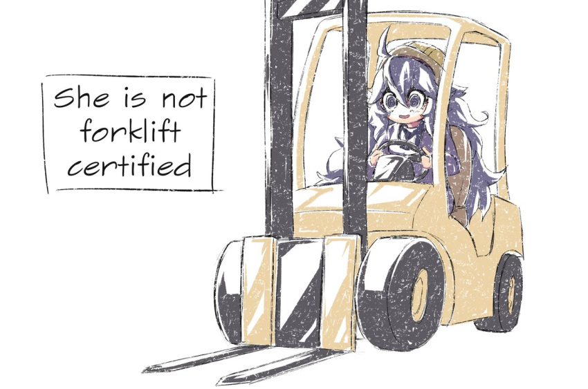 1girl, ahoge, bangs, brian_harding_(brihard), brown_headwear, commentary, dress, driving, english_text, forklift, grey_dress, grey_eyes, grey_hair, hair_between_eyes, hat, hex_maniac_(pokemon), holding, long_hair, long_sleeves, messy_hair, pokemon, pokemon_(game), pokemon_xy, sitting, smile, solo, steering_wheel, wheel, white_background