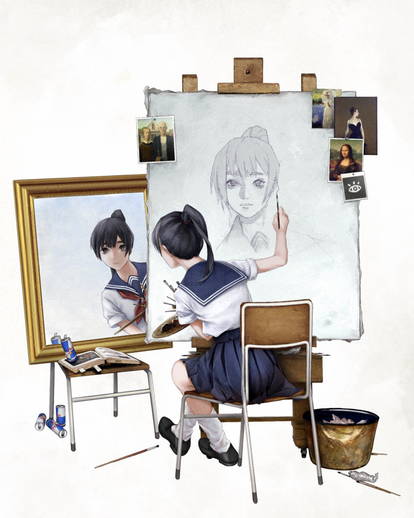 1girl, american_gothic, arm_up, artist_logo, black_eyes, black_hair, book, can