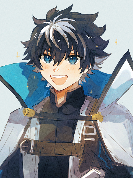 1boy, :d, black_hair, blue_cloak, blue_eyes, blush, charlemagne_(fate), cloak