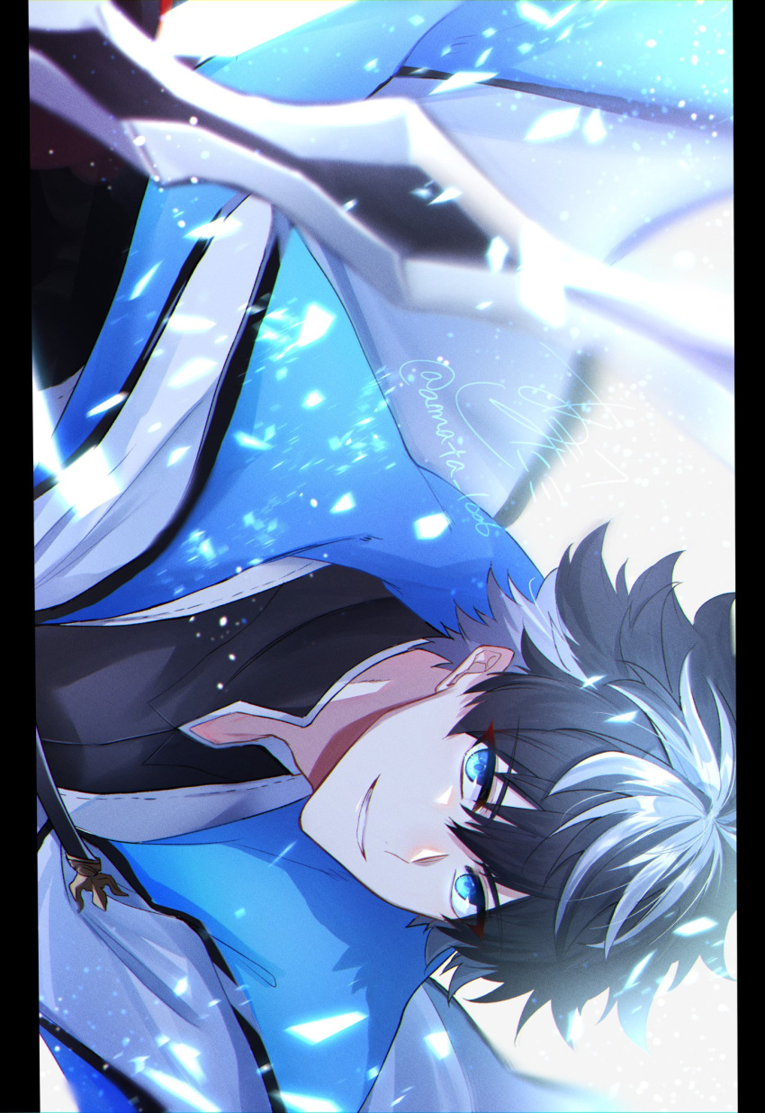 1boy, amata1006, black_hair, blue_cloak, blue_eyes, charlemagne_(fate), cloak, commentary_request