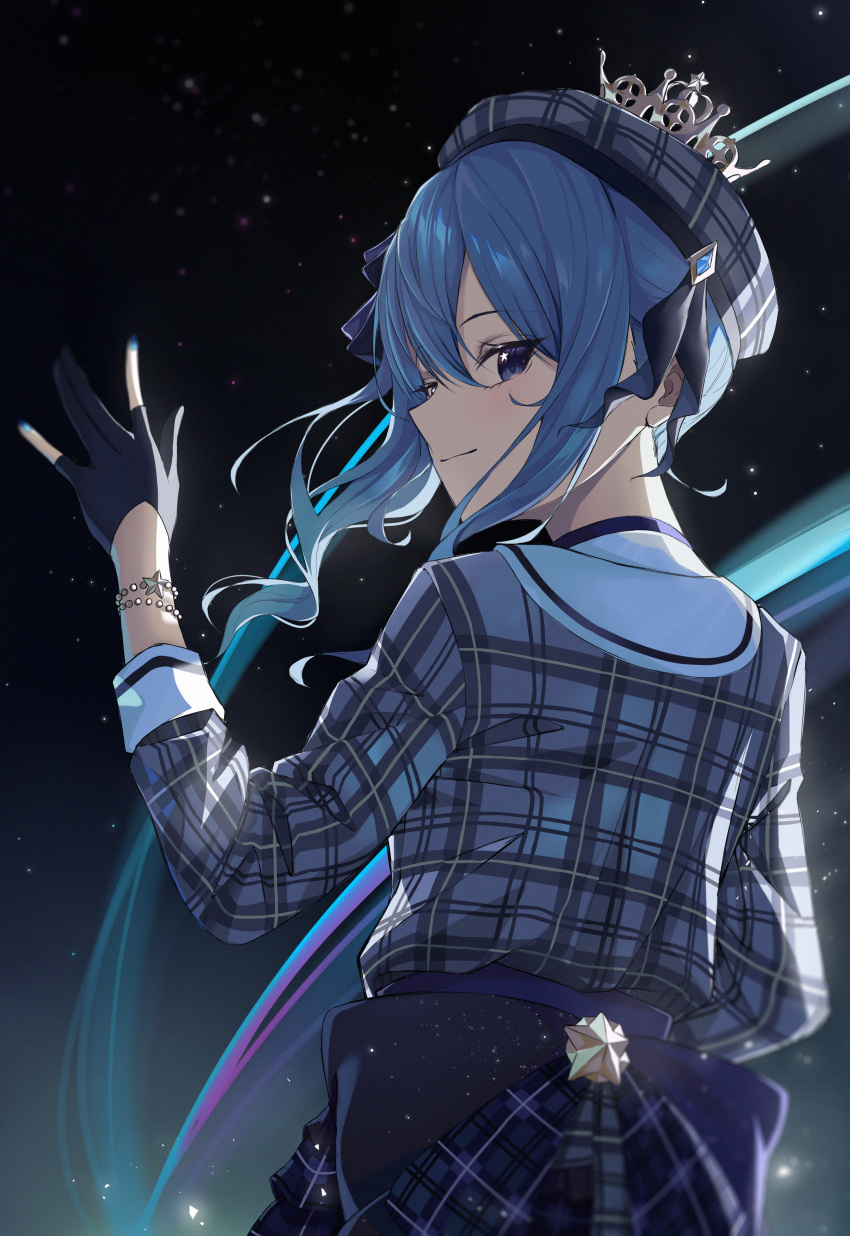 1girl, absurdres, aurora, back, bangs, beret, blue_eyes, blue_hair